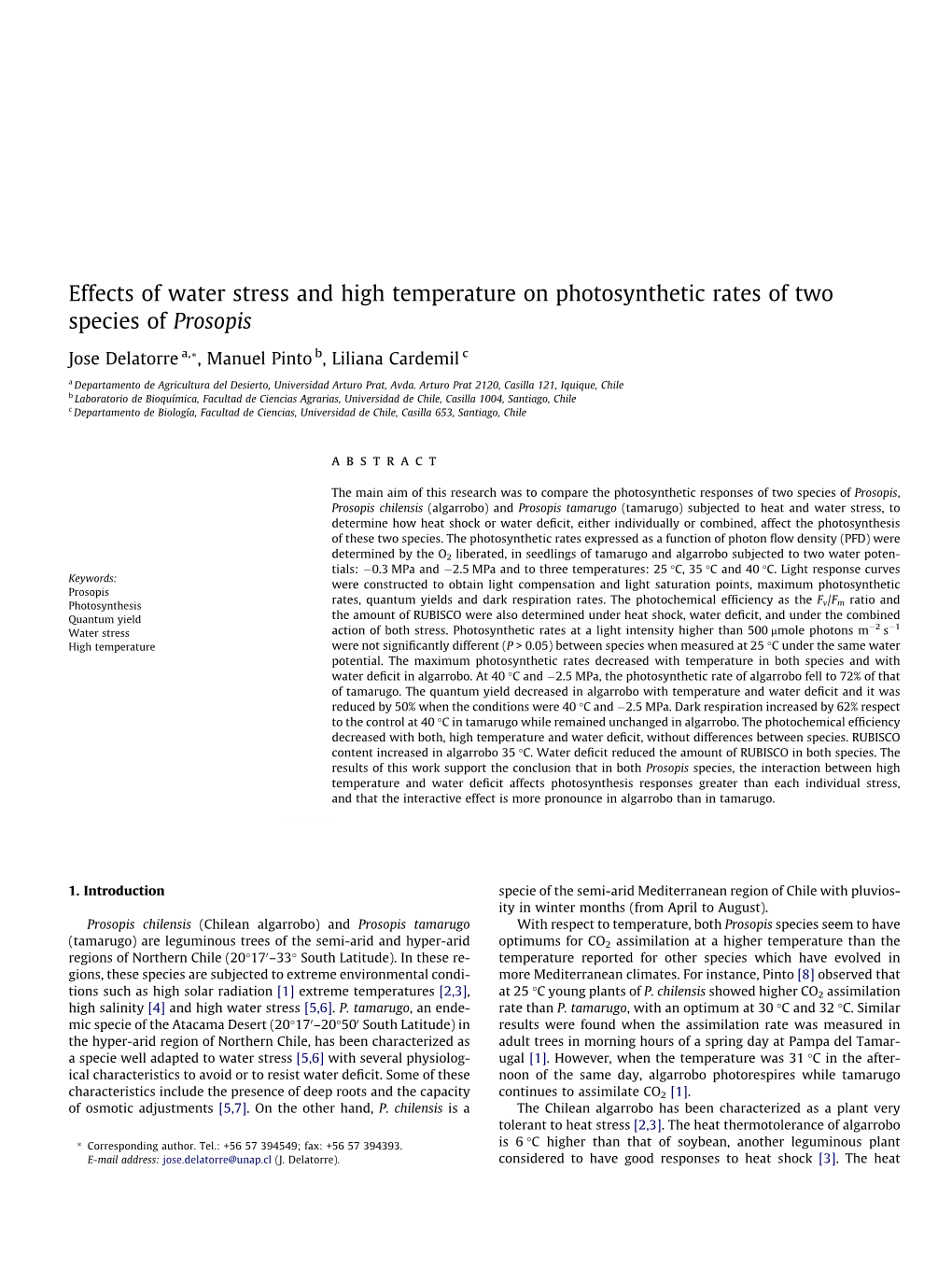 Effects of Water Stress and High Temperature on Photosynthetic Rates of Two Species of Prosopis