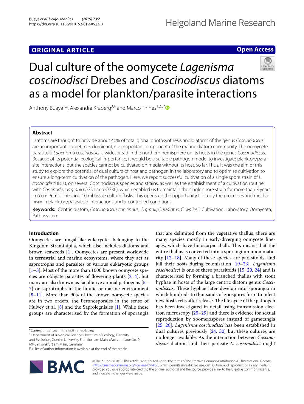 Dual Culture of the Oomycete Lagenisma Coscinodisci Drebes and Coscinodiscus Diatoms As a Model for Plankton/Parasite Interactio