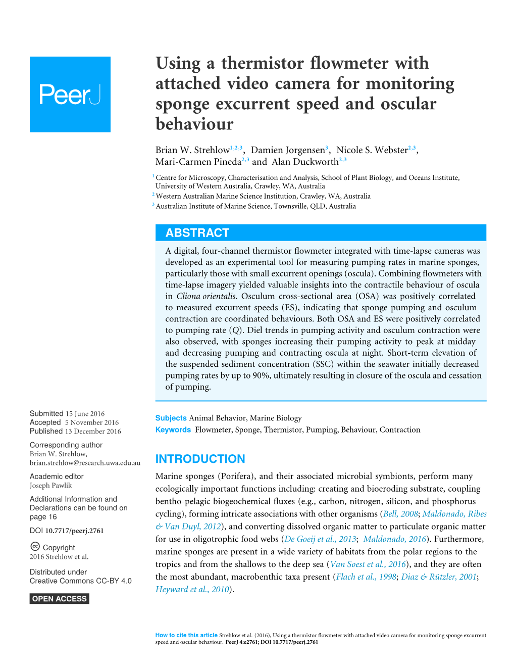 Using a Thermistor Flowmeter with Attached Video Camera for Monitoring Sponge Excurrent Speed and Oscular Behaviour