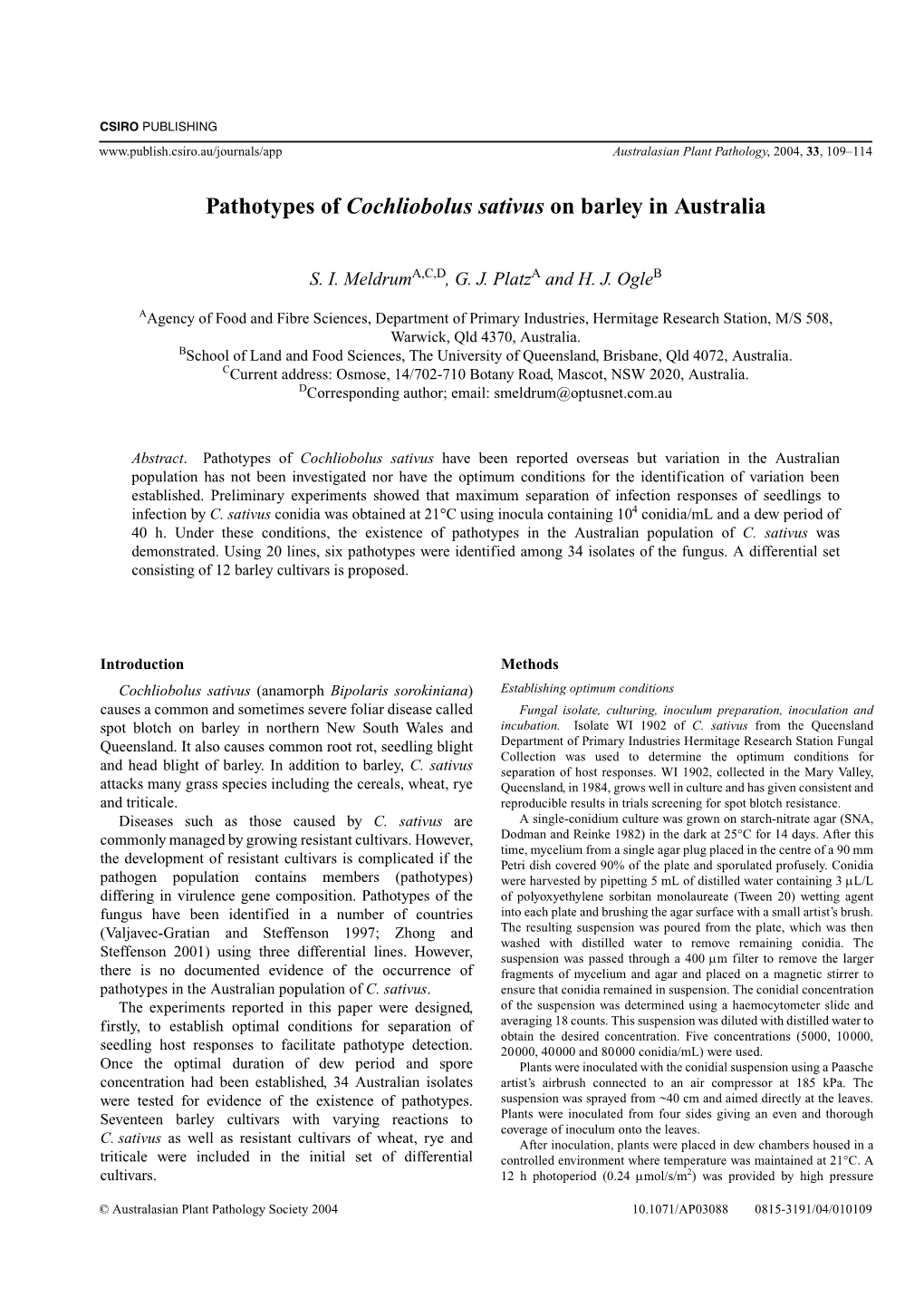 Pathotypes of Cochliobolus Sativus on Barley in Australia