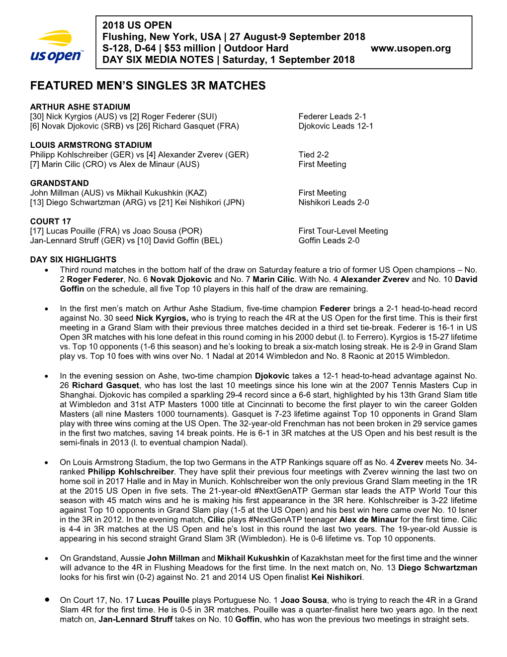 Featured Men's Singles 3R Matches