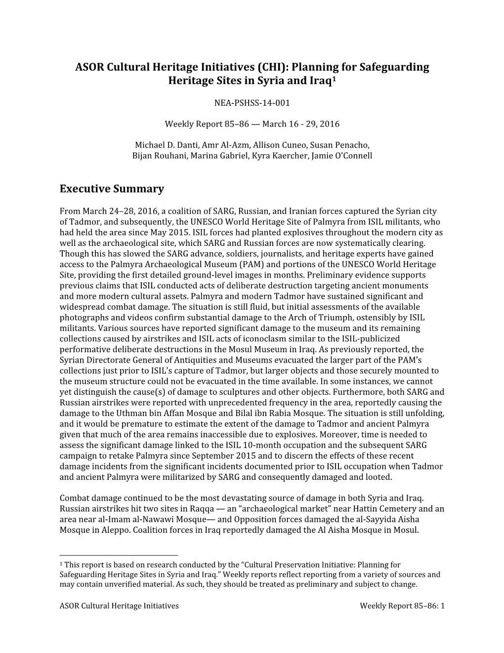 (CHI): Planning for Safeguarding Heritage Sites in Syria and Iraq1