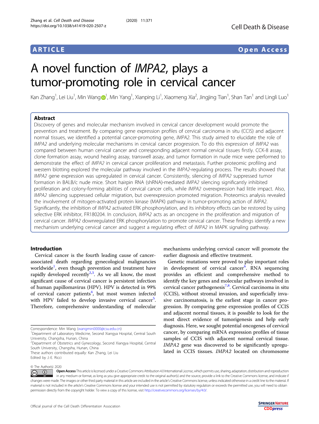 A Novel Function of IMPA2, Plays a Tumor-Promoting Role in Cervical