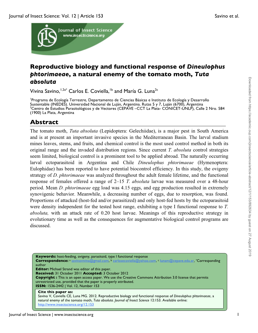 Reproductive Biology and Functional Response of Dineulophus