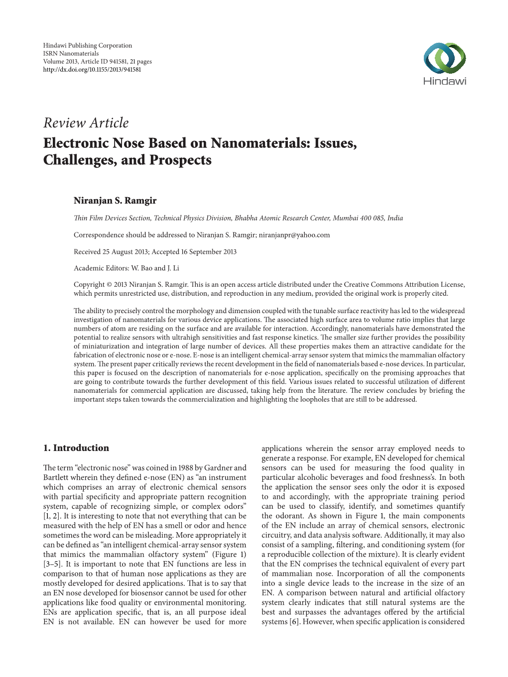 Review Article Electronic Nose Based on Nanomaterials: Issues, Challenges, and Prospects