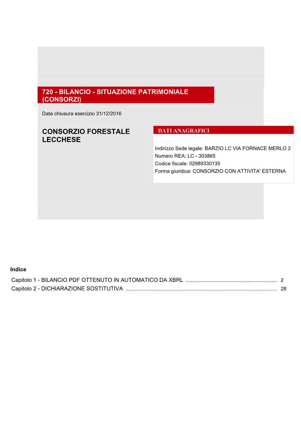 CONSORZIO FORESTALE LECCHESE Codice Fiscale: 02989330135 Bilancio Aggiornato Al 31/12/2016