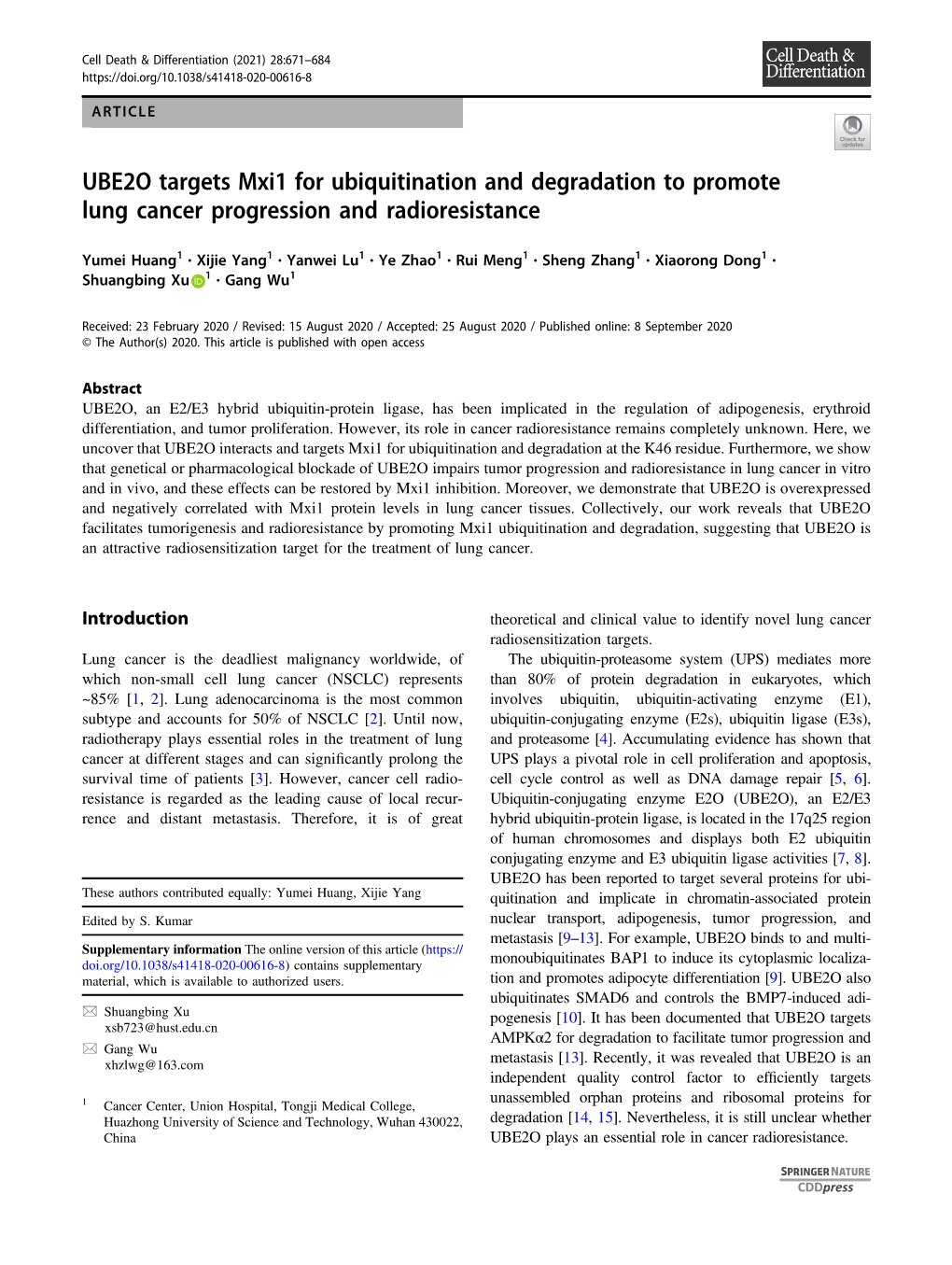 UBE2O Targets Mxi1 for Ubiquitination and Degradation to Promote Lung Cancer Progression and Radioresistance