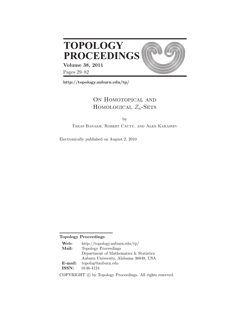 Topology Proceedings 38 (2011) Pp. 29-82: on Homotopical and Homological $Z N$-Sets