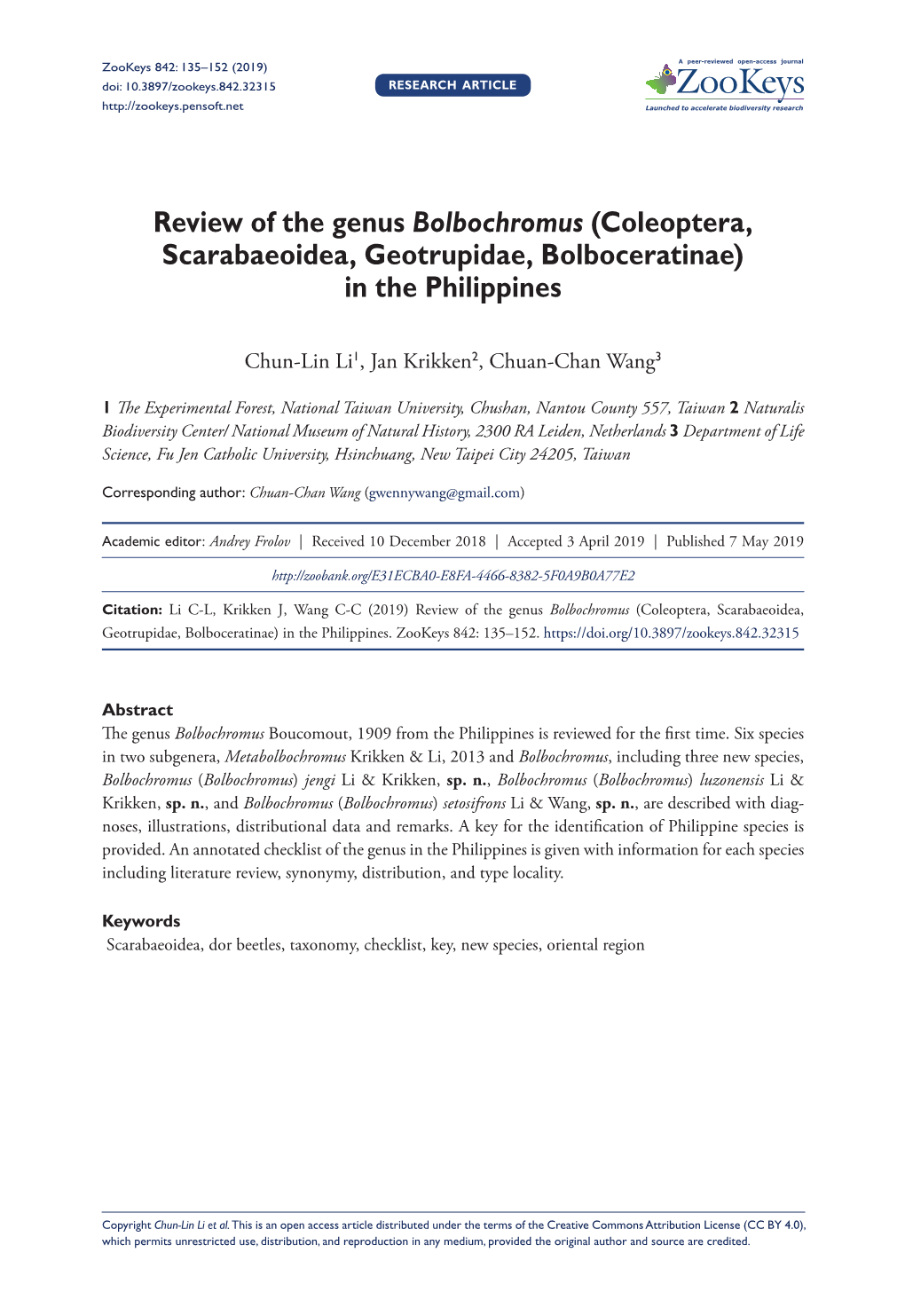 Review of the Genus Bolbochromus (Coleoptera, Scarabaeoidea, Geotrupidae, Bolboceratinae) in the Philippines