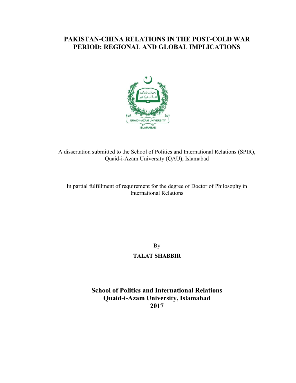 Pakistan-China Relations in the Post-Cold War Period: Regional and Global Implications