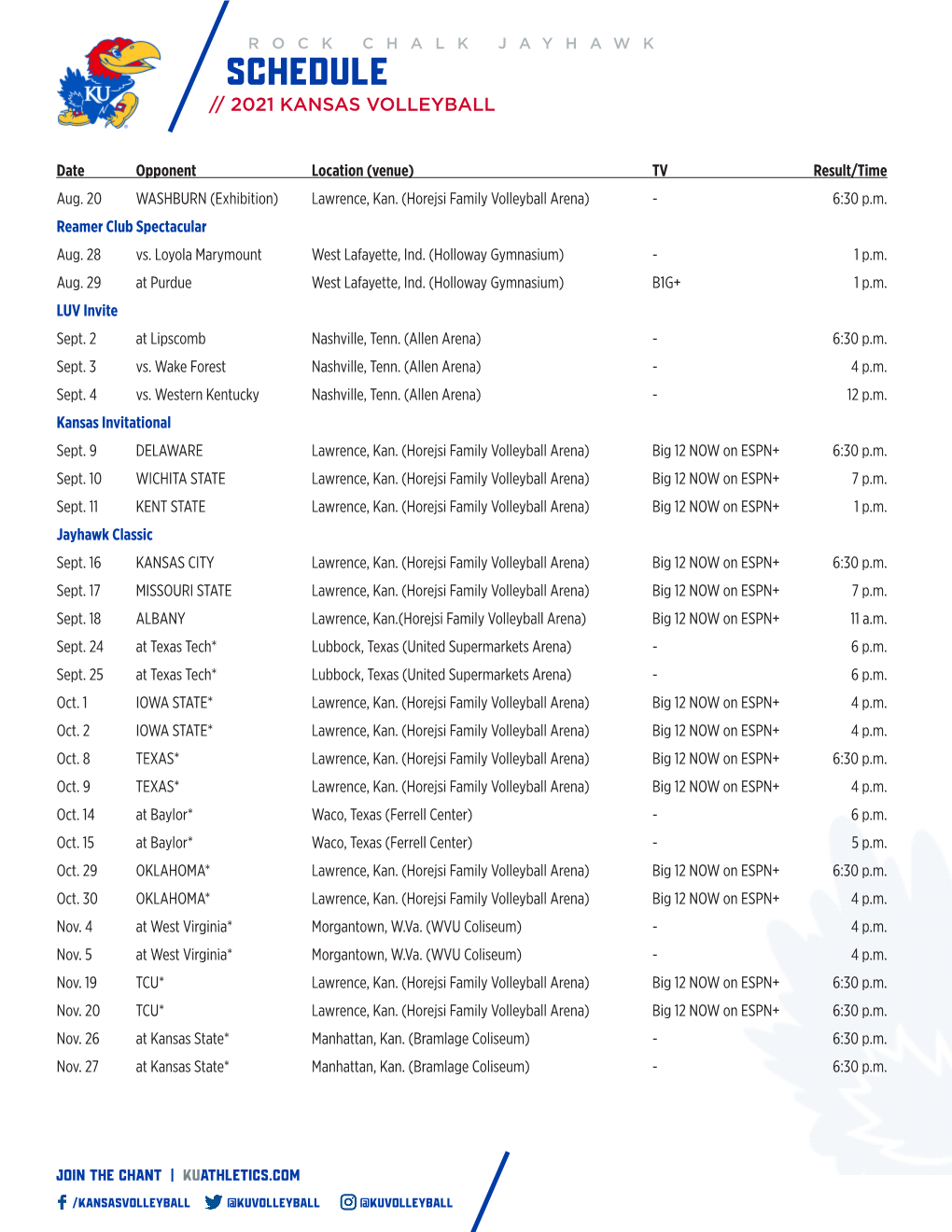 Schedule // 2021 Kansas Volleyball