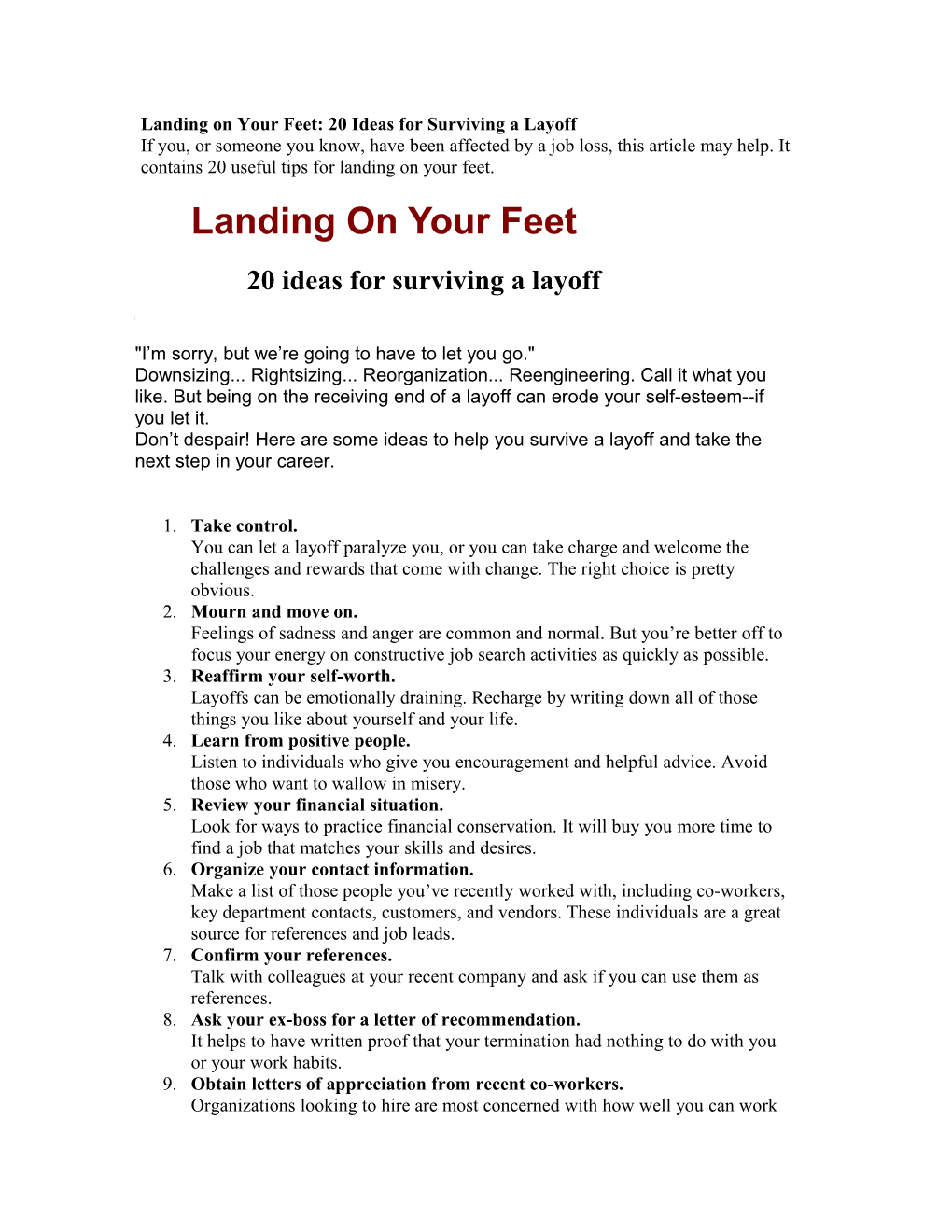 Landing on Your Feet: 20 Ideas for Surviving a Layoff