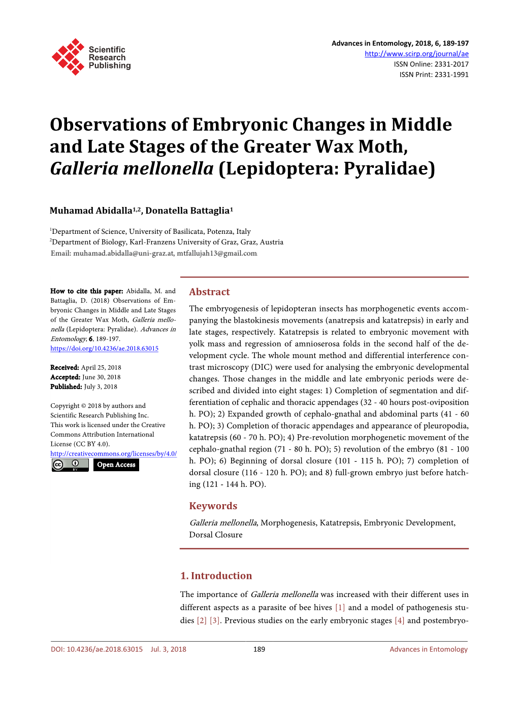 Observations of Embryonic Changes in Middle and Late Stages of the Greater Wax Moth, Galleria Mellonella (Lepidoptera: Pyralidae)