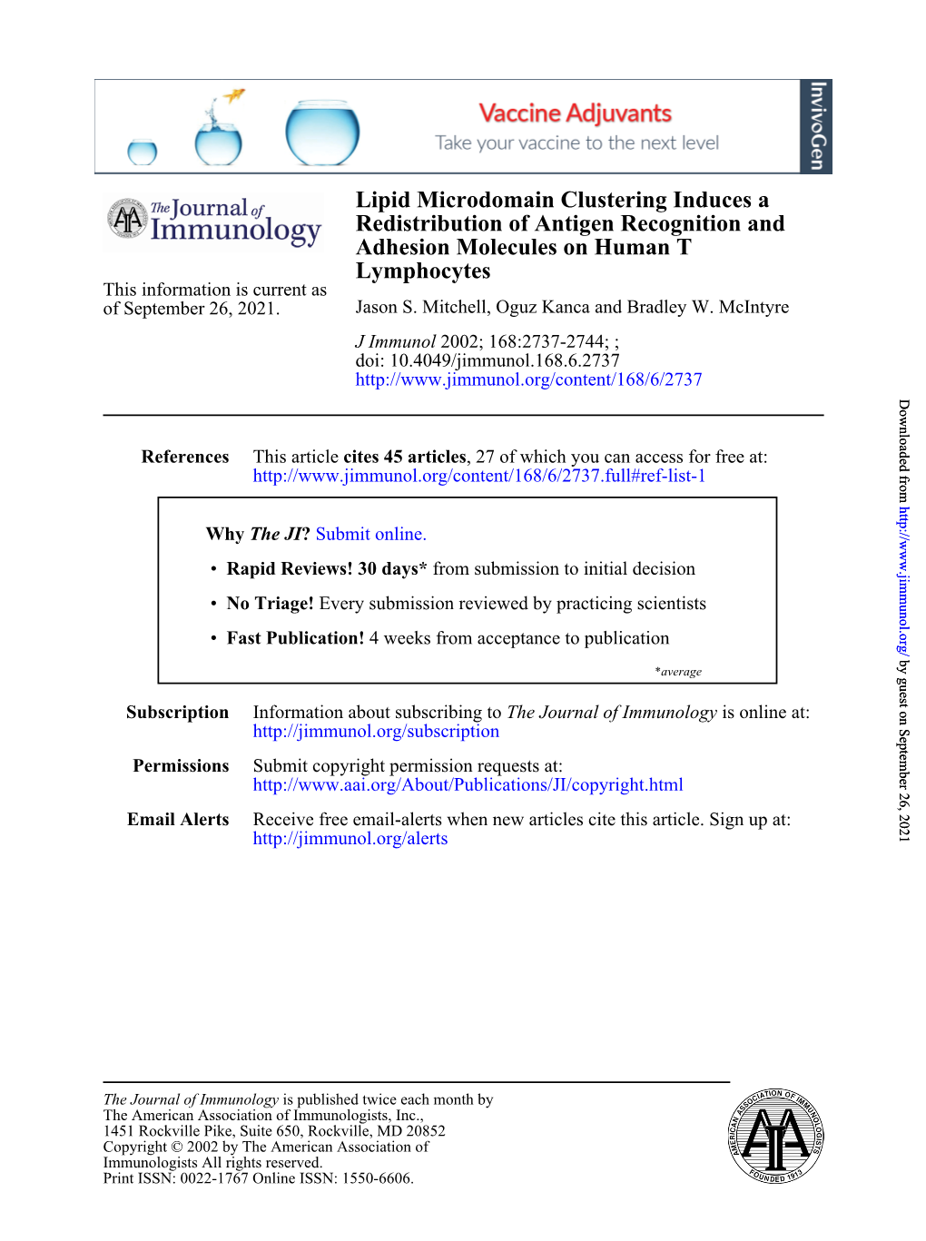 Lymphocytes Adhesion Molecules on Human T Redistribution of Antigen