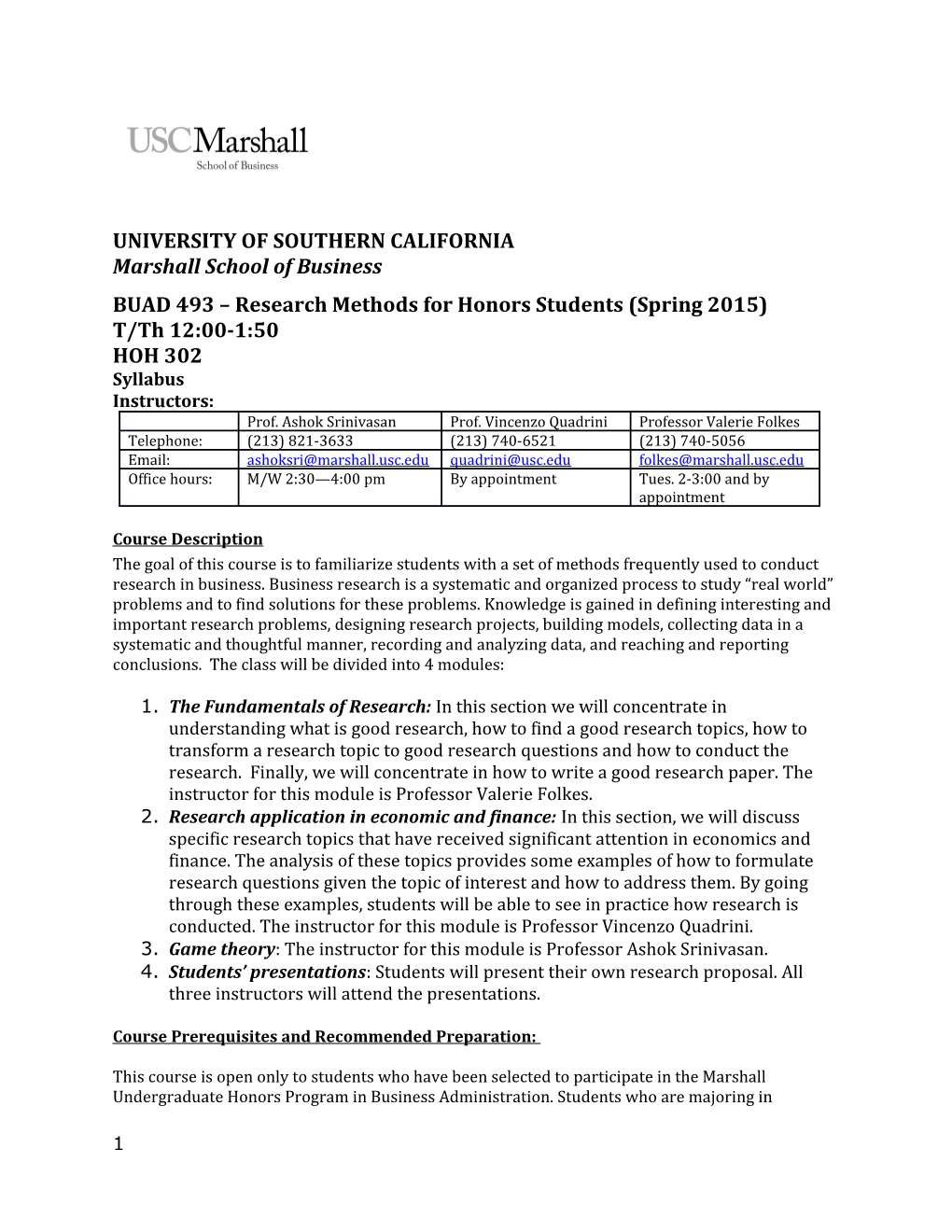 BUAD 493 Research Methods for Honors Students (Spring 2015)