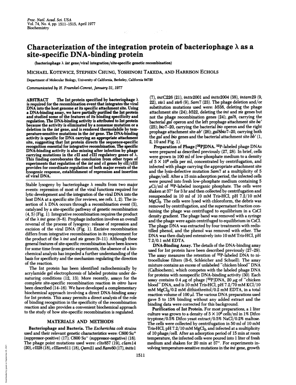 Characterization of the Integration Protein of Bacteriophage X As a Site