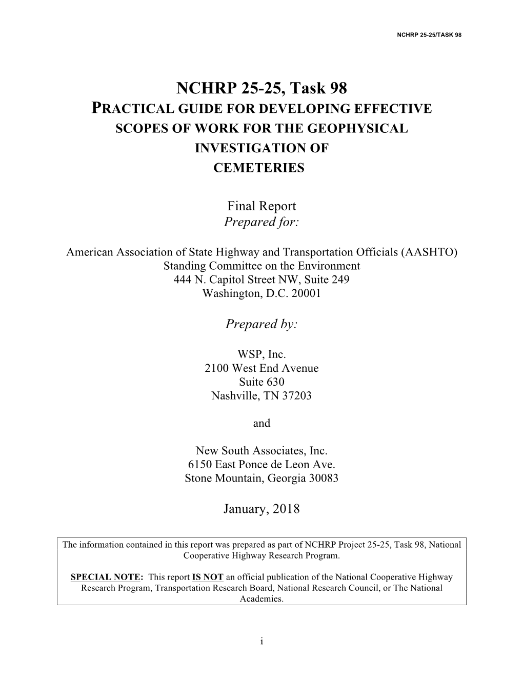 NCHRP 25-25, Task 98 PRACTICAL GUIDE for DEVELOPING EFFECTIVE SCOPES of WORK for the GEOPHYSICAL INVESTIGATION of CEMETERIES