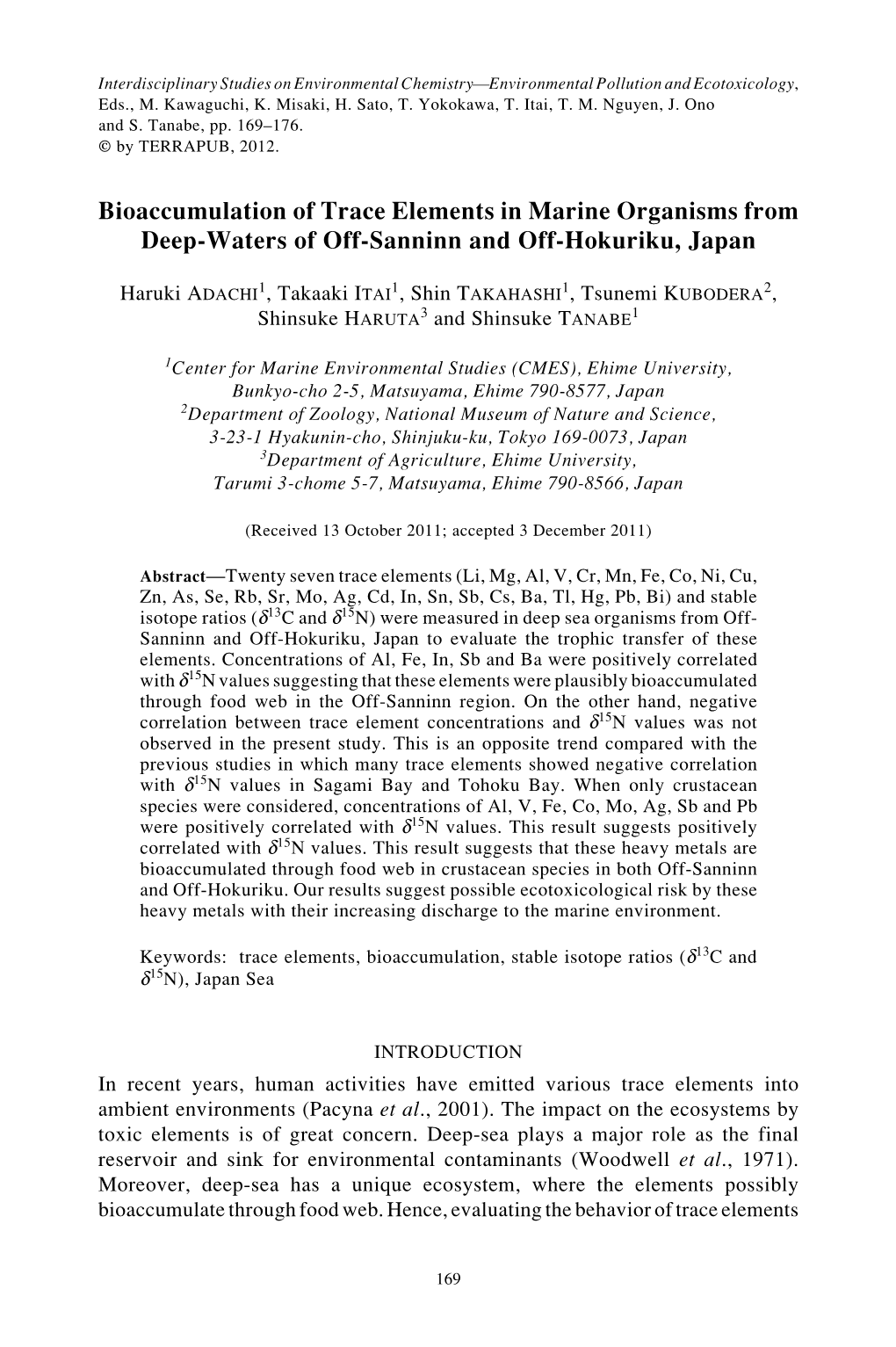 Bioaccumulation of Trace Elements in Marine Organisms from Deep-Waters of Off-Sanninn and Off-Hokuriku, Japan
