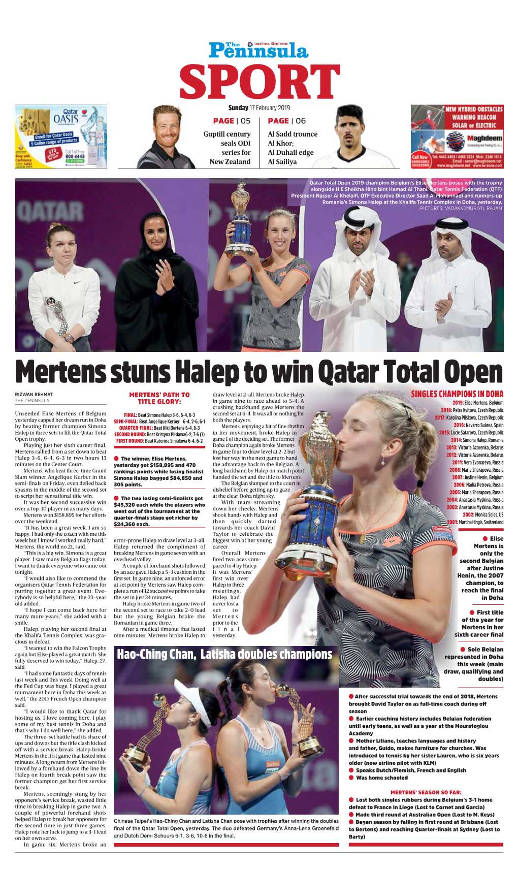 Mertens Stuns Halep to Win Qatar Total Open RIZWAN REHMAT MERTENS’ PATH to Draw Level at 2-All