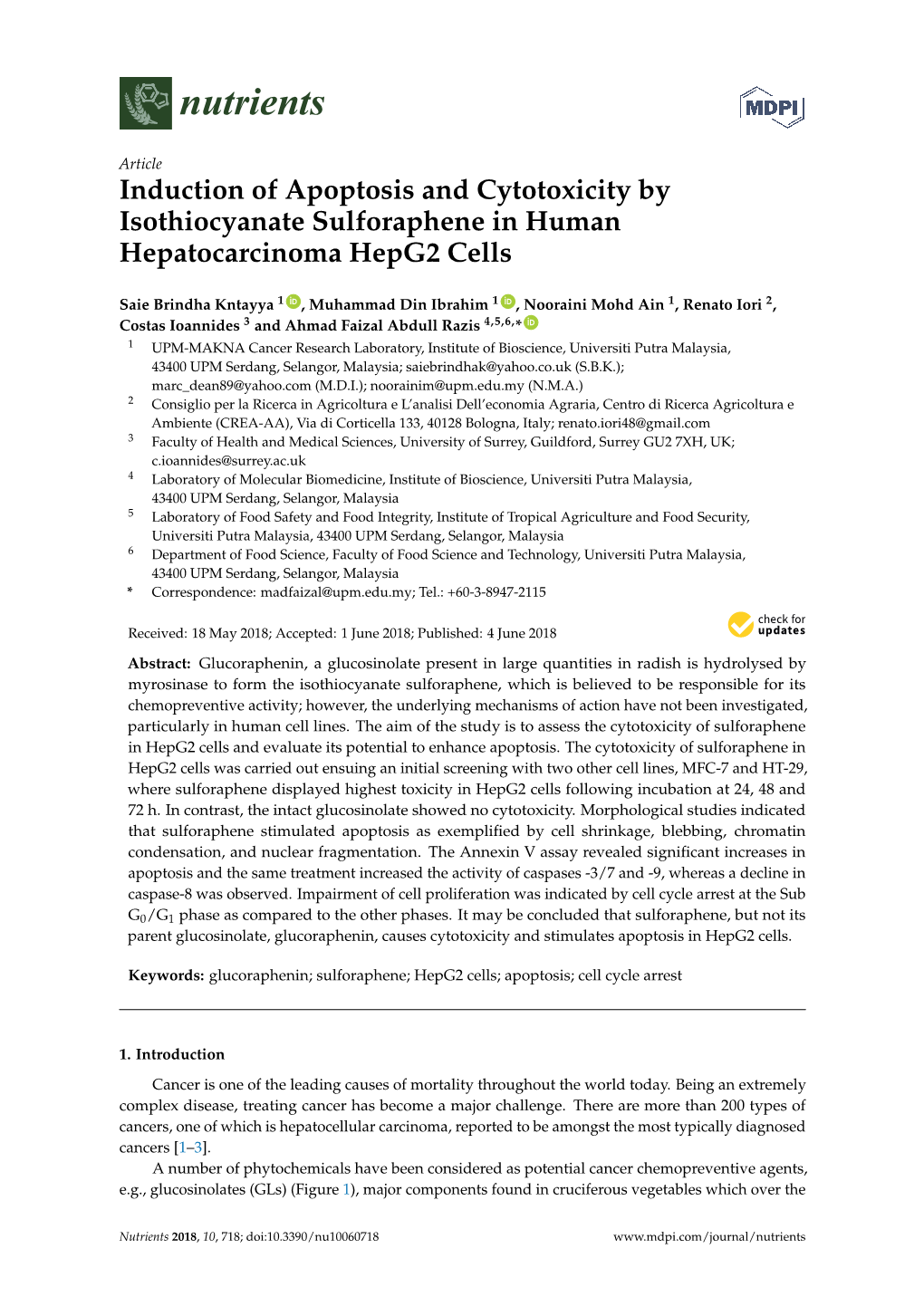 Induction of Apoptosis and Cytotoxicity by Isothiocyanate Sulforaphene in Human Hepatocarcinoma Hepg2 Cells