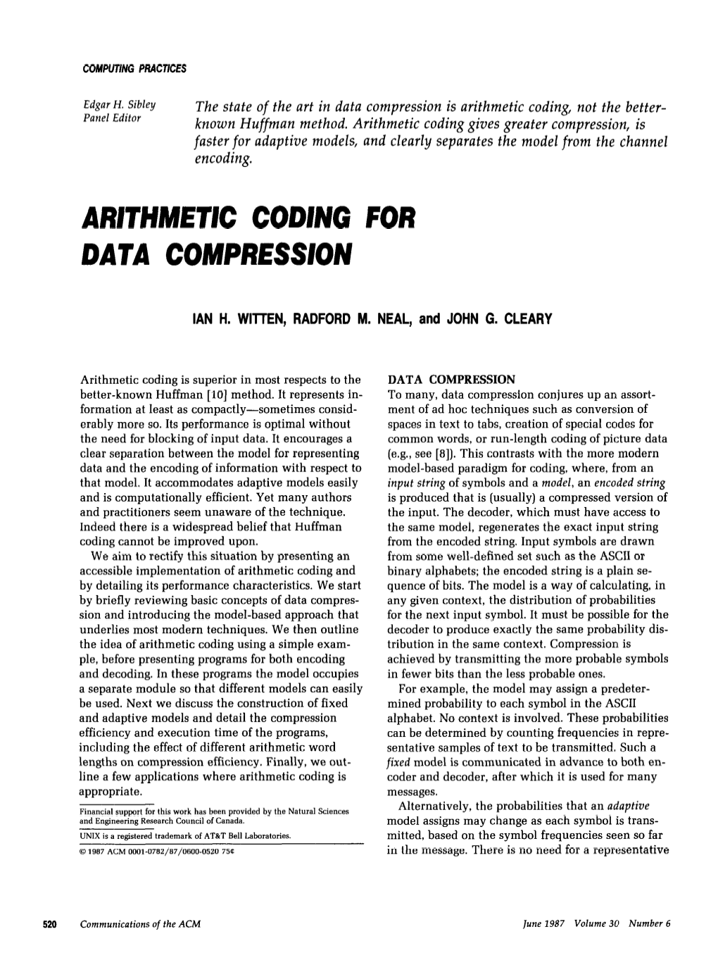 Arithmetic Coding for Data Coiupression