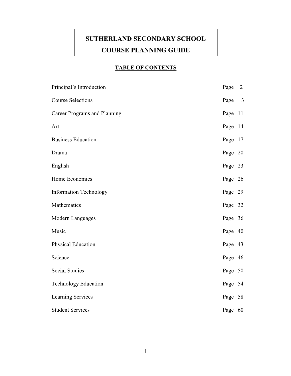 Sutherland Secondary School Course Planning Guide