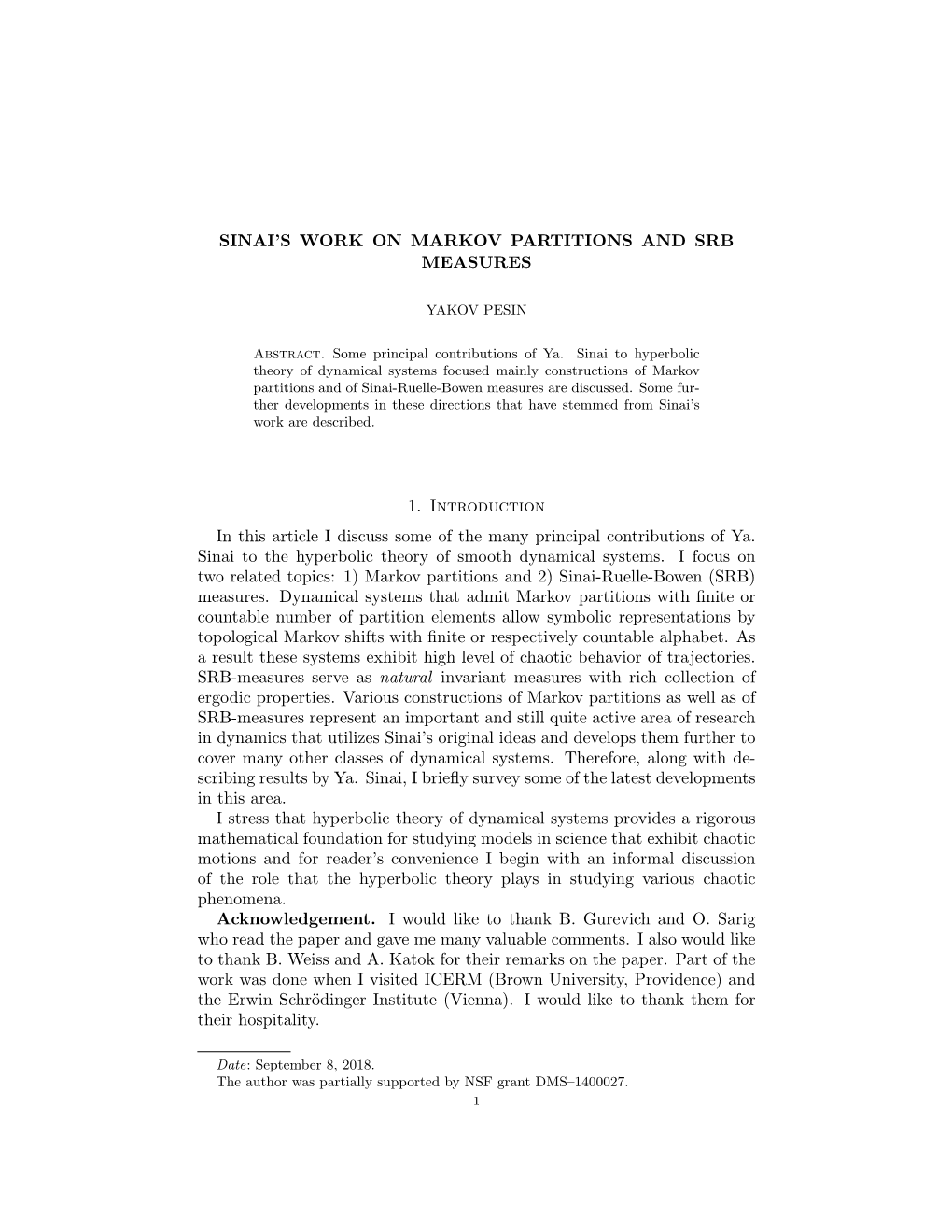 Sinai's Work on Markov Partitions and Srb Measures