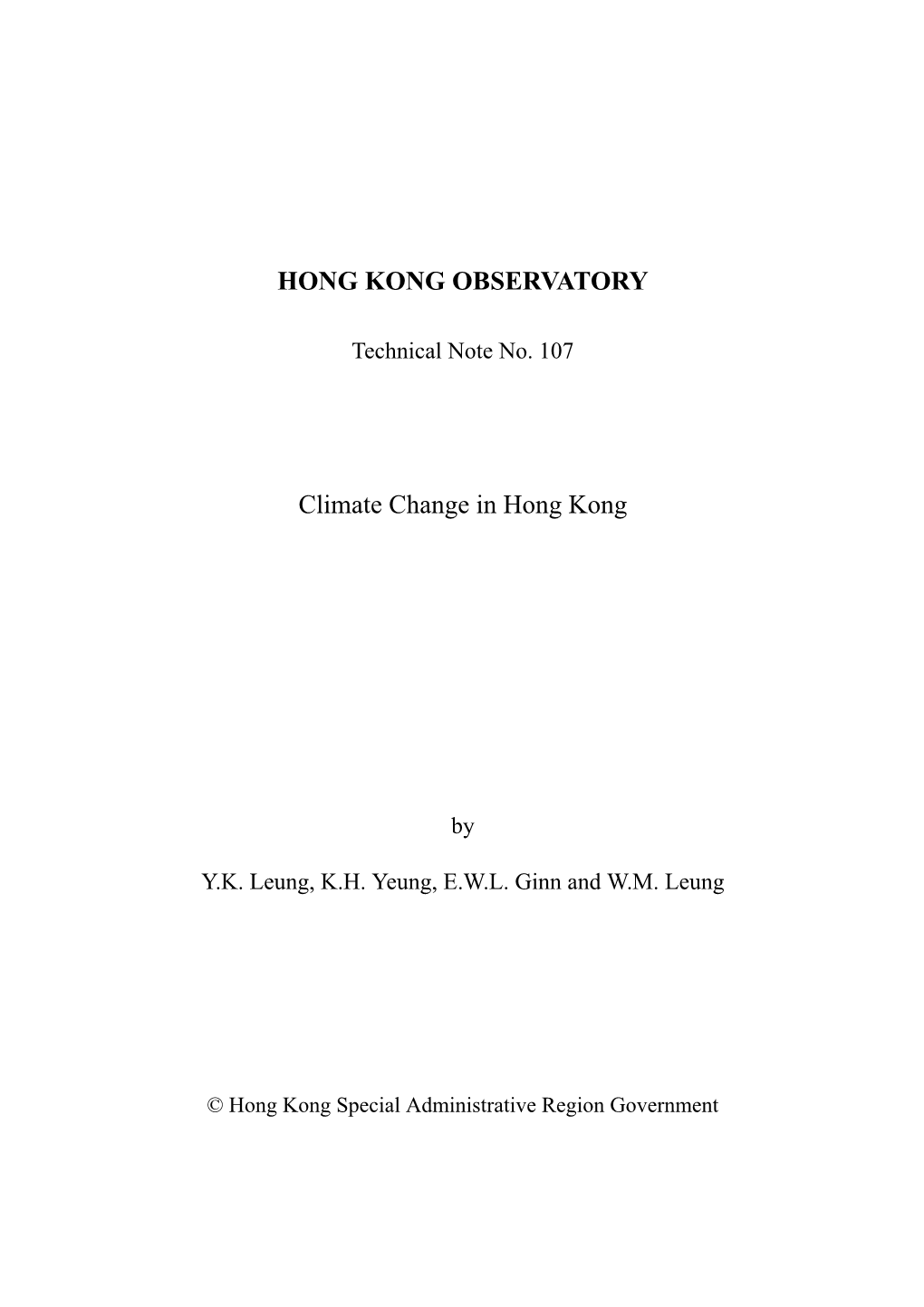 HONG KONG OBSERVATORY Climate Change in Hong Kong