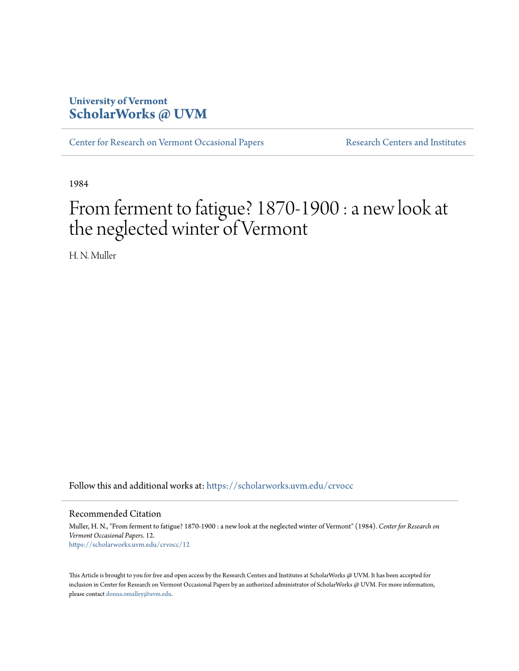 From Ferment to Fatigue? 1870-1900 : a New Look at the Neglected Winter of Vermont H