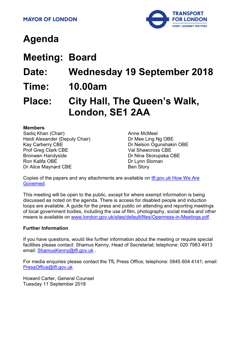 Board 19 September 2018 Agenda and Papers