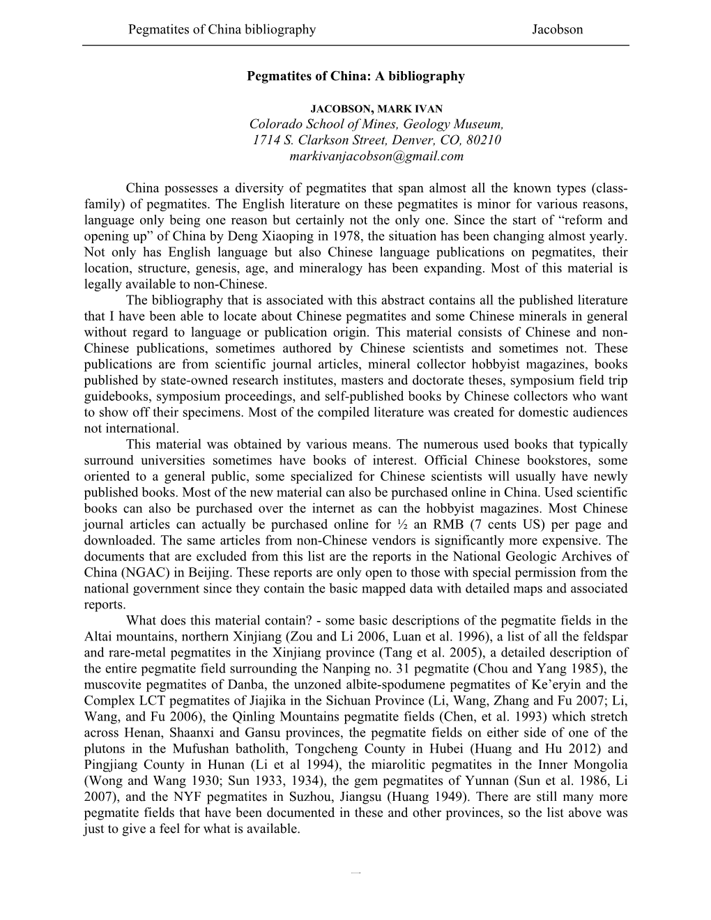 China Pegmatite Publication References Foord Symposium