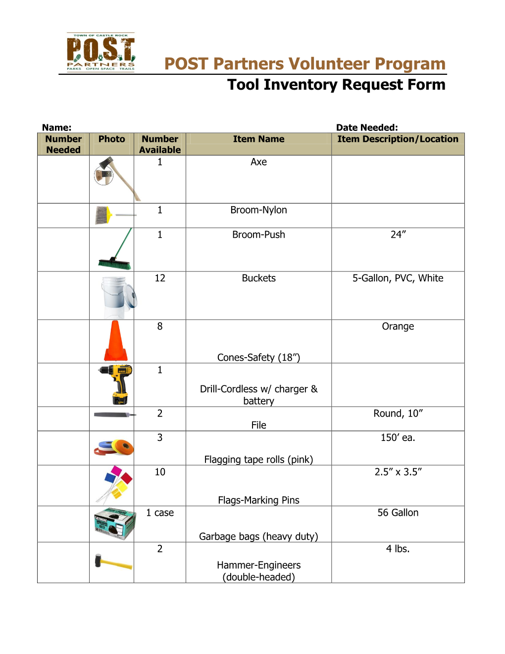 POST Partners Volunteer Program Tool Inventory Request Form