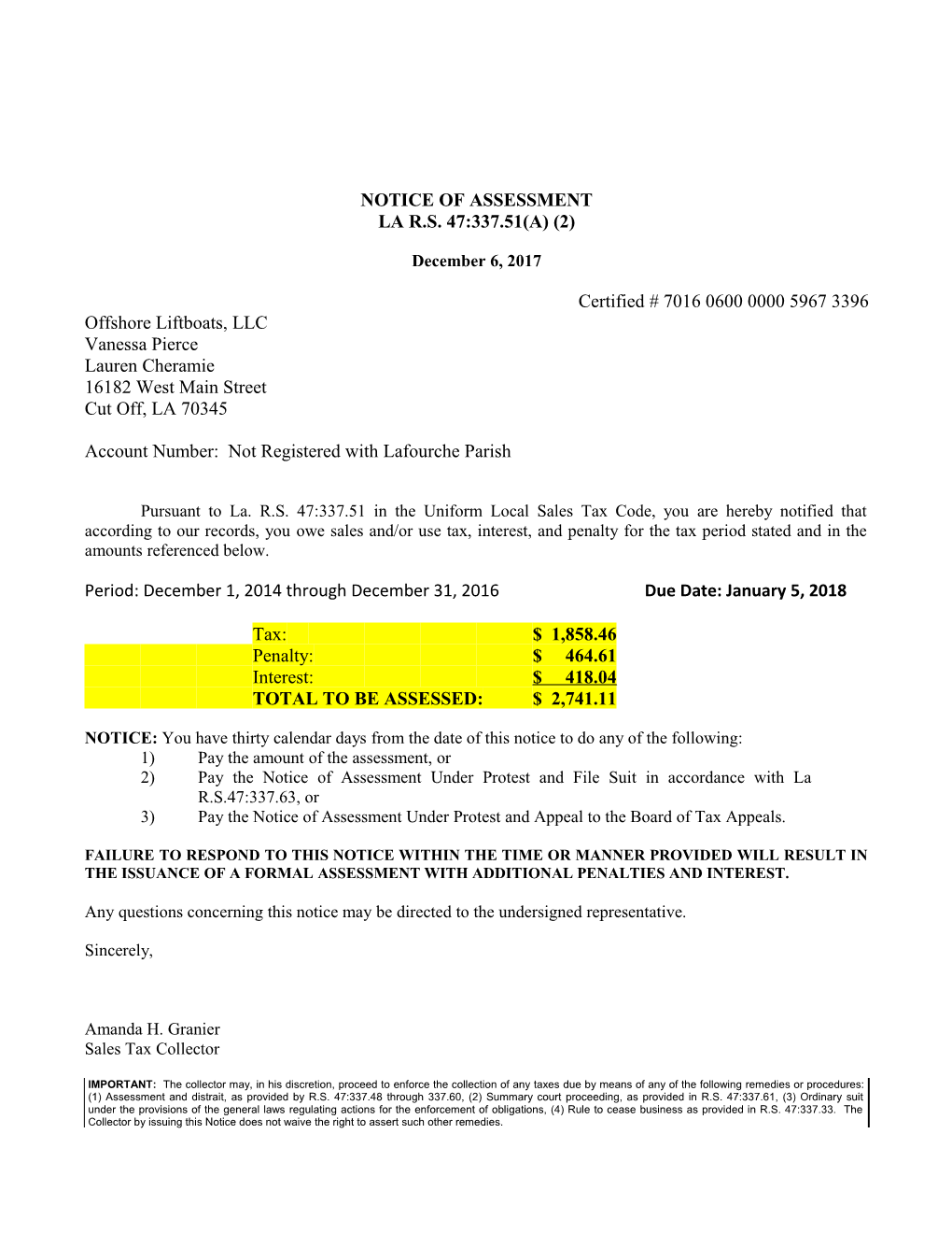 Assumption Parish Sales & Use Tax Department P