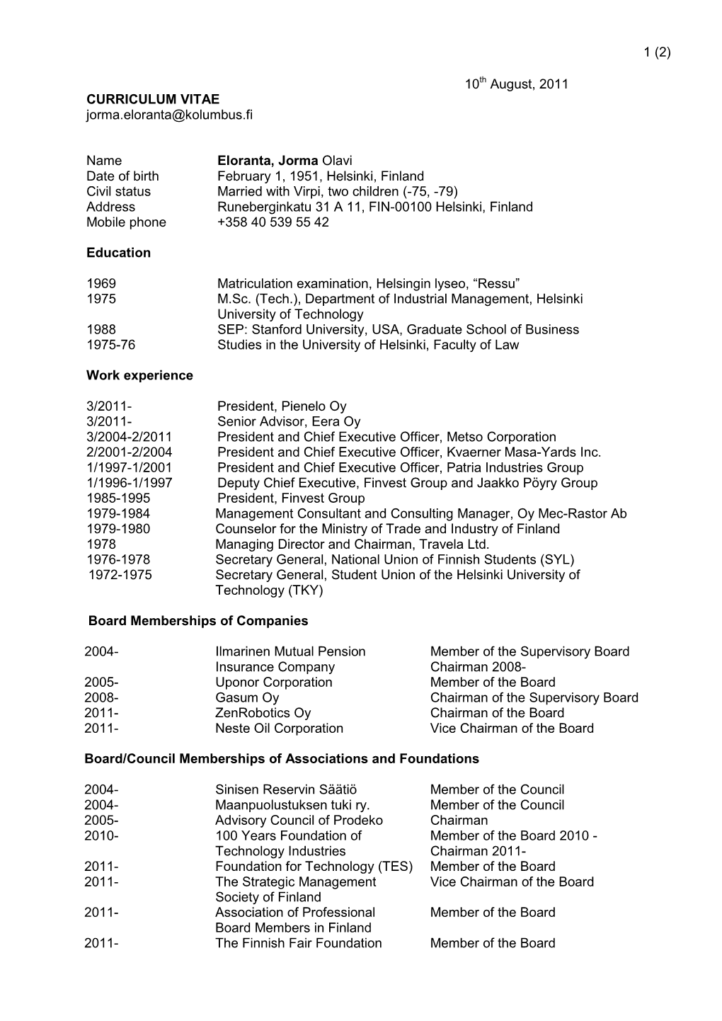 CURRICULUM VITAE Jorma.Eloranta@Kolumbus.Fi