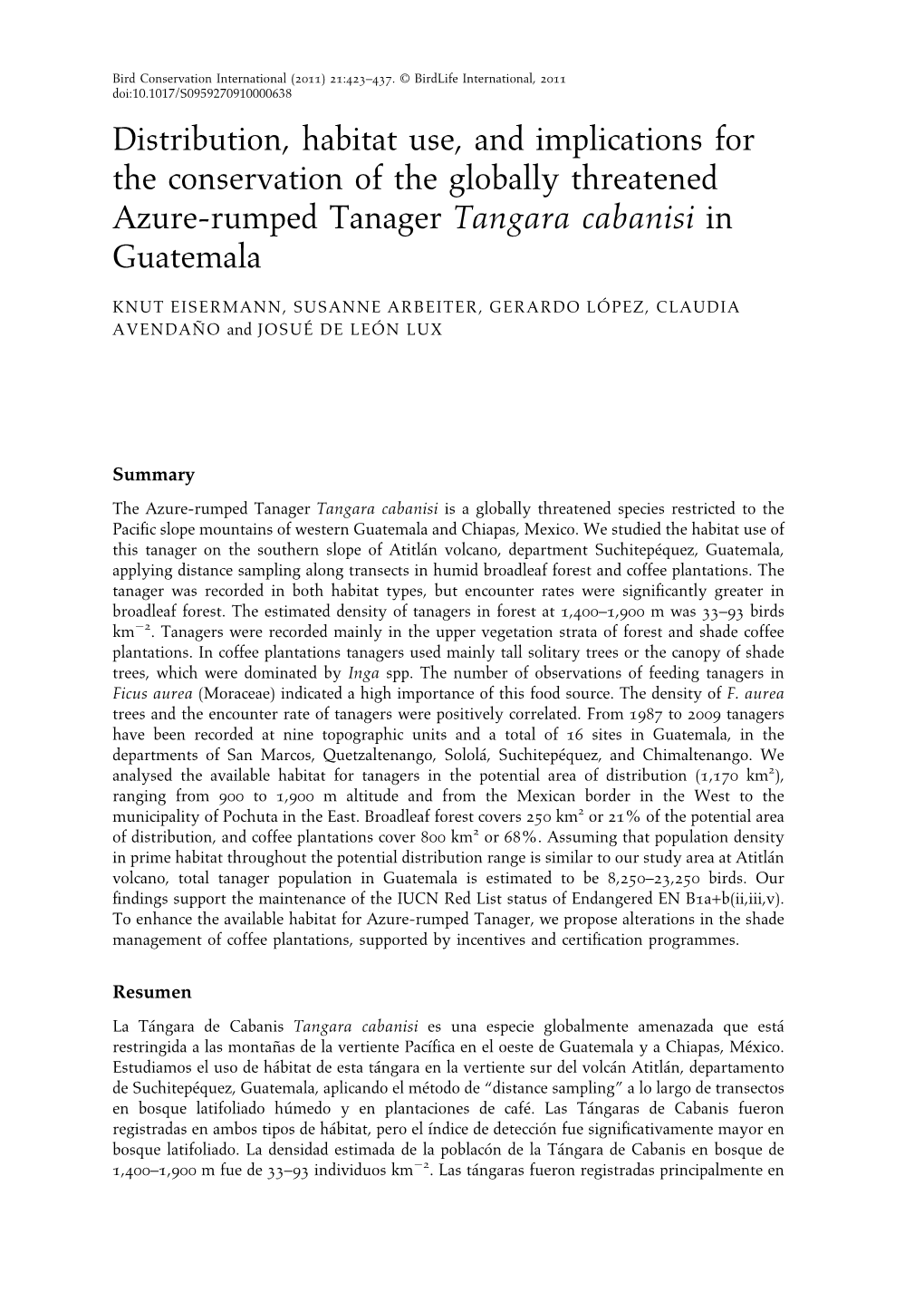 Distribution, Habitat Use, and Implications for the Conservation of the Globally Threatened Azure-Rumped Tanager Tangara Cabanisi in Guatemala