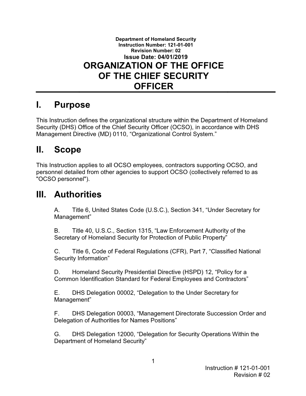 Organization of the Office of the Chief Security Officer