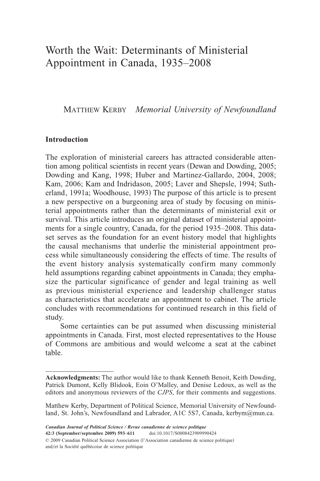 Determinants of Ministerial Appointment in Canada, 1935–2008