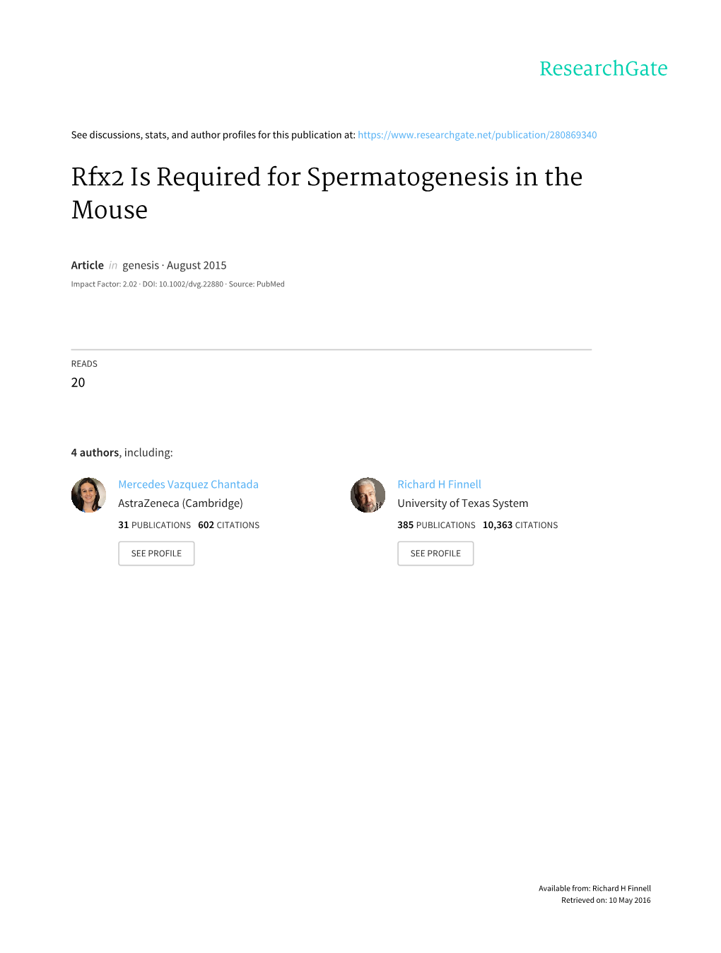 Rfx2 Is Required for Spermatogenesis in the Mouse