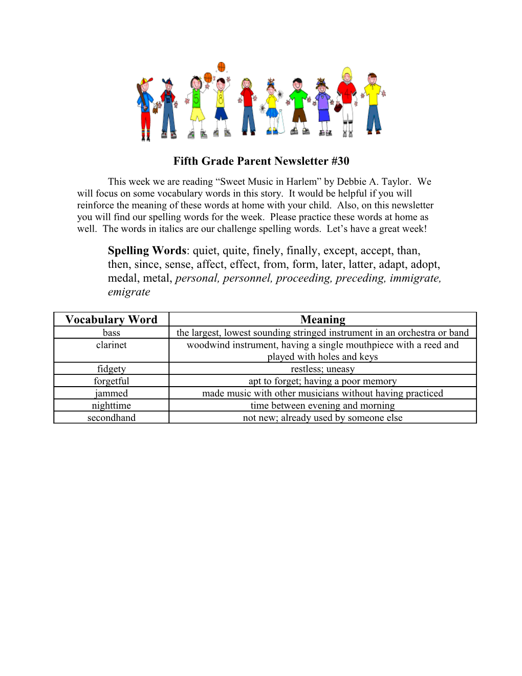 Fifth Grade Parent Newsletter #30