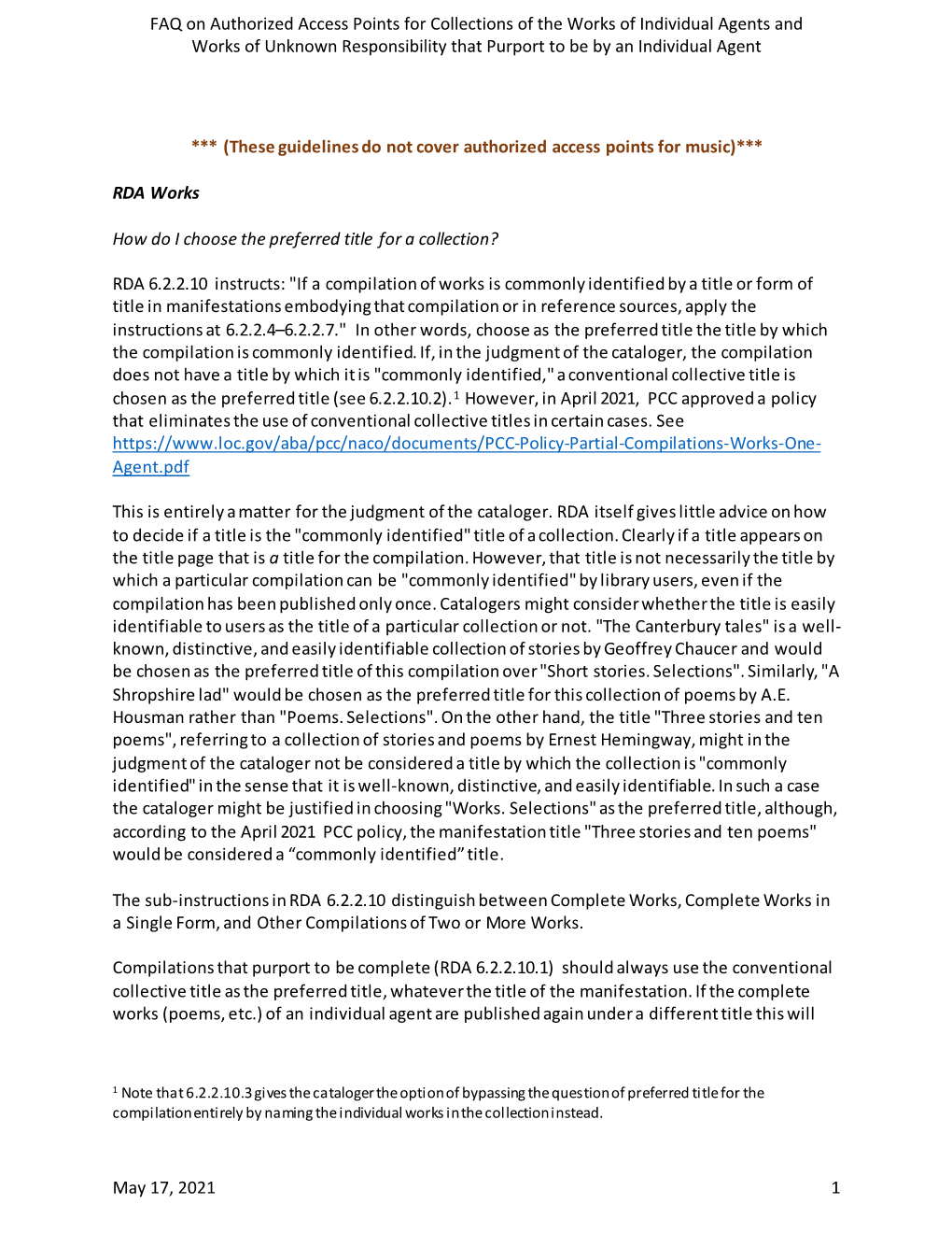 FAQ on Authorized Access Points for Collections of the Works of Individual Agents and Works of Unknown Responsibility That Purport to Be by an Individual Agent