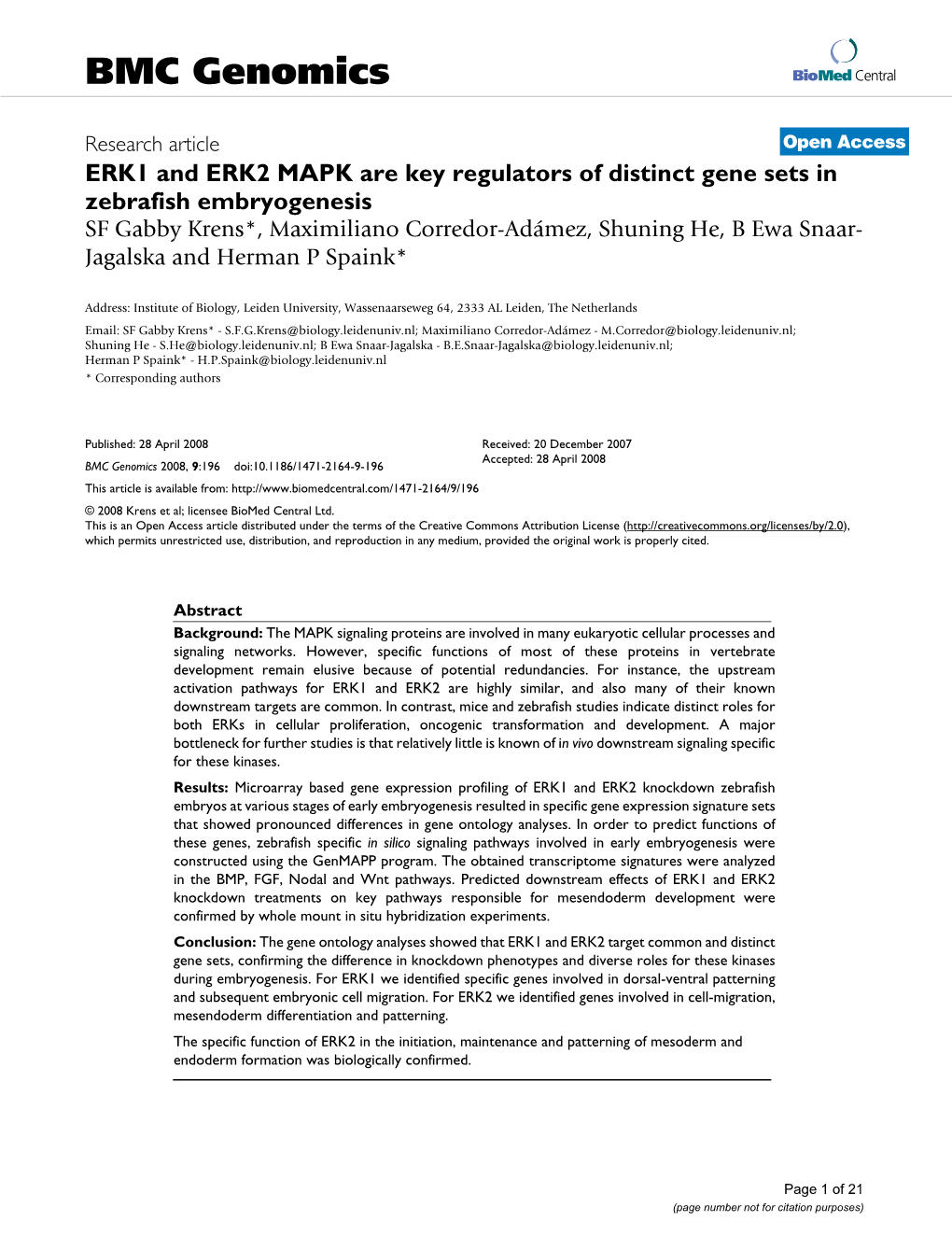 ERK1 and ERK2 MAPK Are Key Regulators of Distinct Gene Sets In