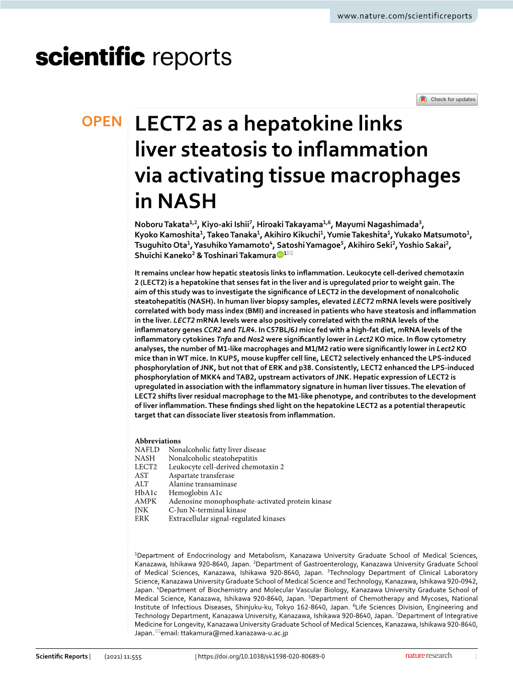 LECT2 As a Hepatokine Links Liver Steatosis to Inflammation Via
