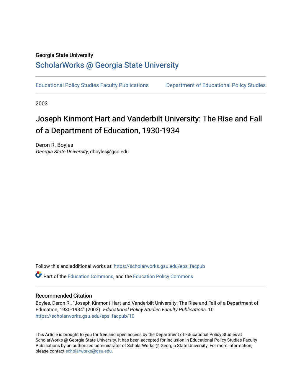 Joseph Kinmont Hart and Vanderbilt University: the Rise and Fall of a Department of Education, 1930-1934