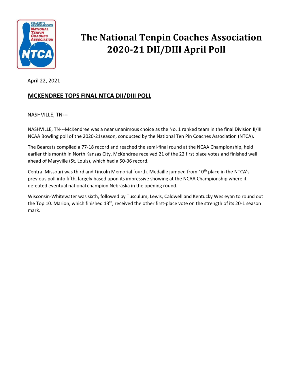 The National Tenpin Coaches Association 2020-21 DII/DIII April Poll