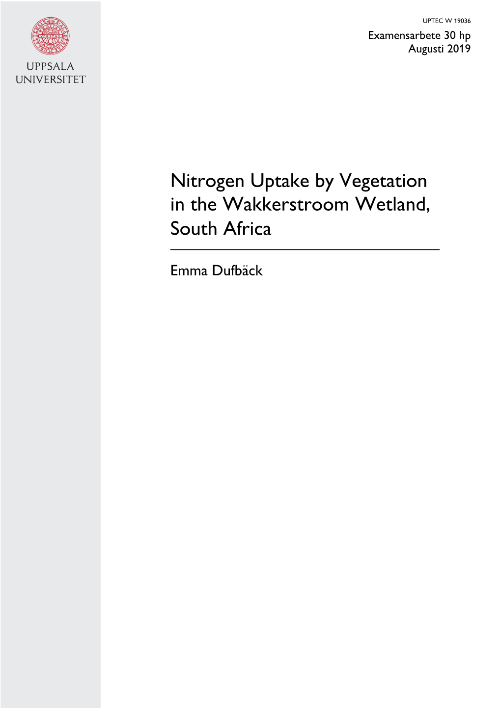 Nitrogen Uptake by Vegetation in the Wakkerstroom Wetland, South Africa