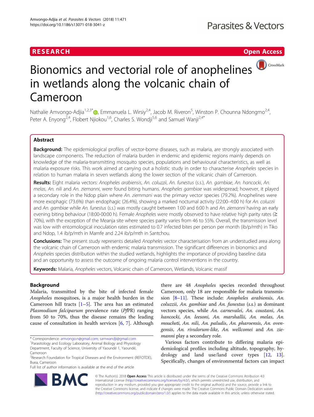 Bionomics and Vectorial Role of Anophelines in Wetlands Along the Volcanic Chain of Cameroon Nathalie Amvongo-Adjia1,2,3* , Emmanuela L