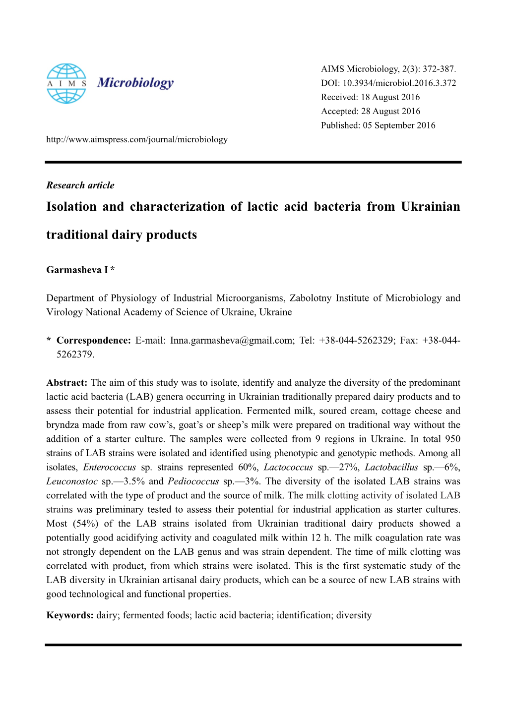 Isolation and Characterization of Lactic Acid Bacteria from Ukrainian Traditional Dairy Products