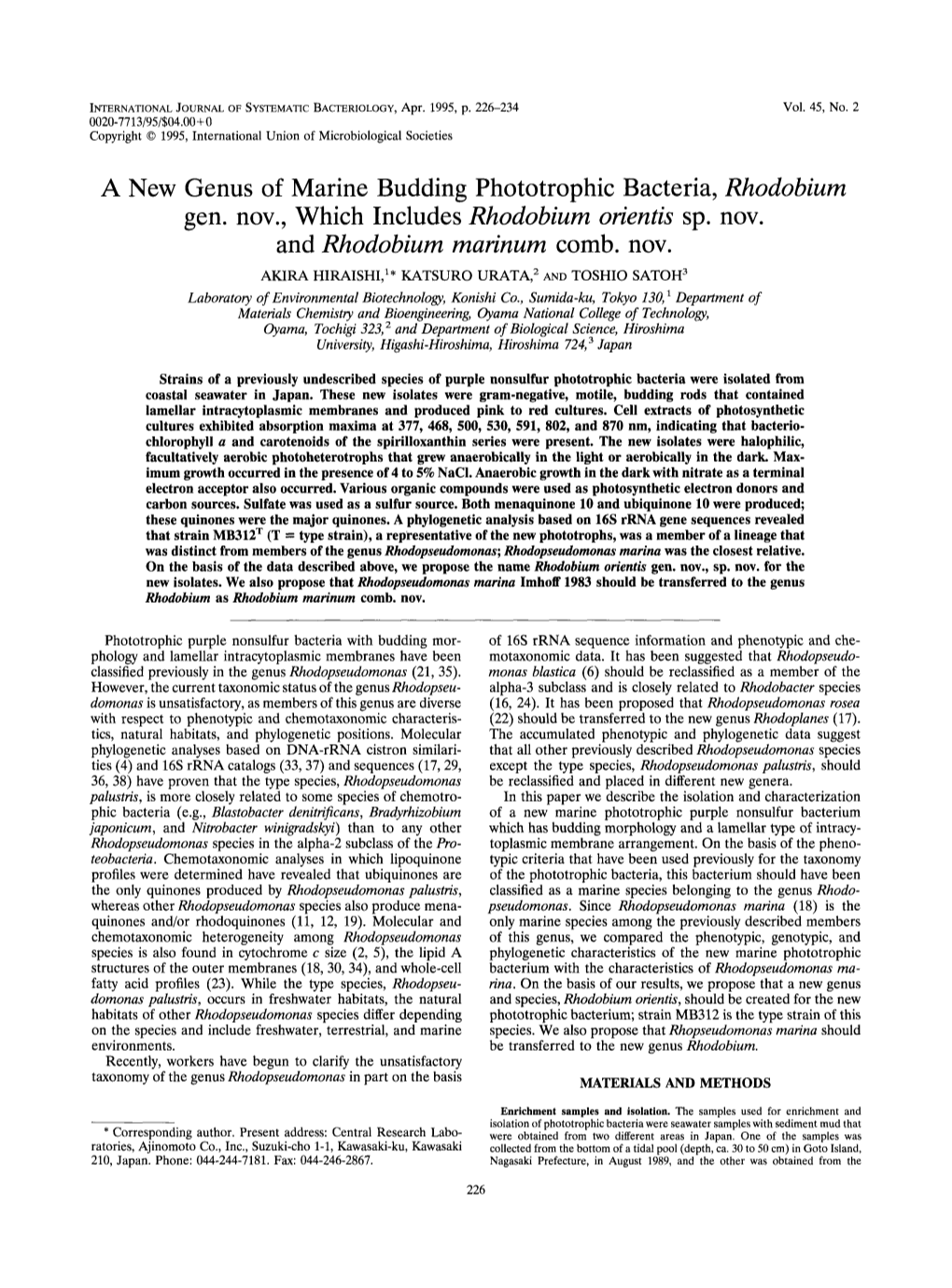 A New Genus of Marine Budding Phototrophic Bacteria, Rhodobium Gen