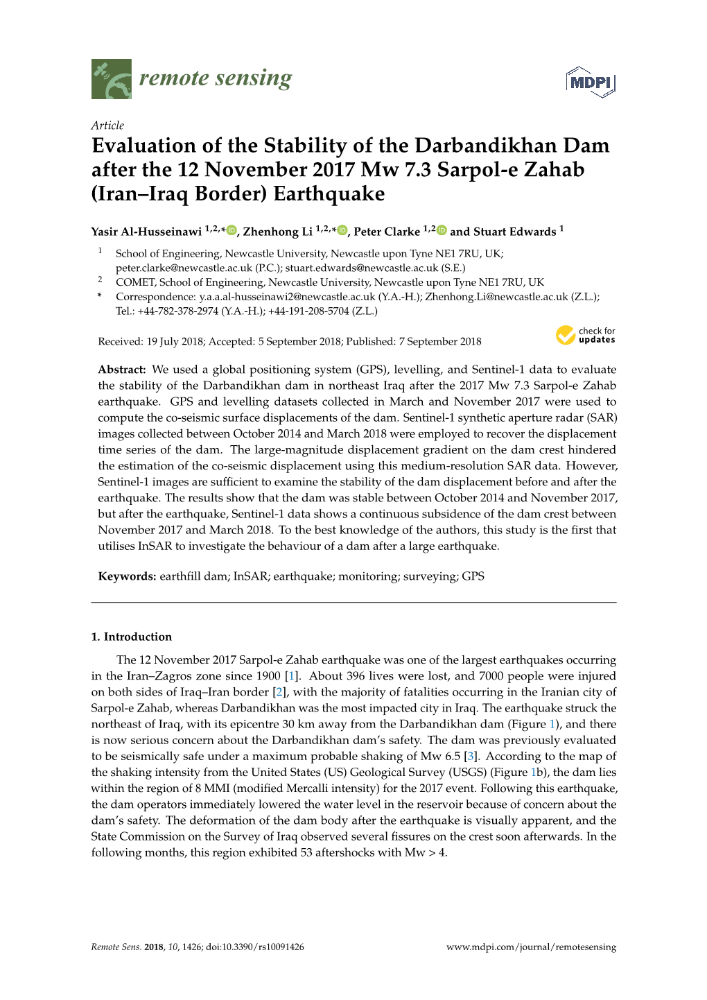 Evaluation of the Stability of the Darbandikhan Dam After the 12 November 2017 Mw 7.3 Sarpol-E Zahab (Iran–Iraq Border) Earthquake