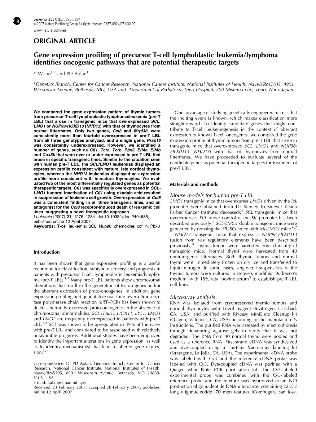 Gene Expression Profiling of Precursor T-Cell Lymphoblastic Leukemia